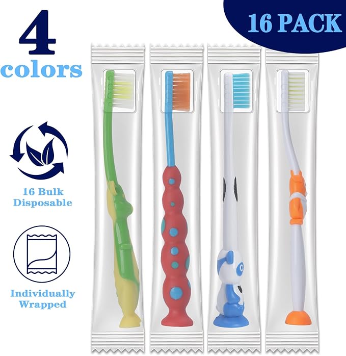 Newday 16 Pack Kids Toothbrush Bulk Soft Bristles Toddler Cute Toothbrush with Suction Cup, Includes Travel Covers, Individually Wrapped Toothbrushes, Animal Design for Children's toothbrushes