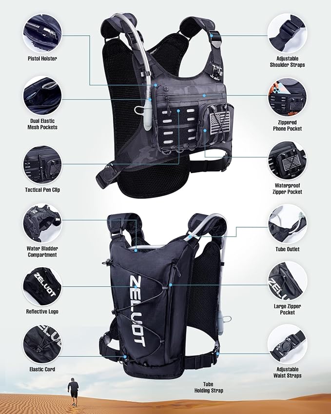 Running Vest with 2L Water Bladder, USA Original Patent, Lightweight Adjustable Chest Pack with Gear Holder, Reflective Running Hydration Vest for Women Men for Marathon-StrideForce Fitness