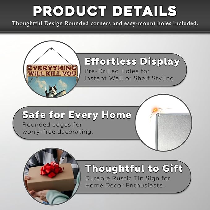 Vintage Cat Tin Sign Everything Will Kill You So Choose Something Fun Retro Shark Metal Poster Funny Cat Lovers Wall Art Decorations for Home Shop Bar Hotel Indoor Outdoor 12 * 8inch-StrideForce Fitness