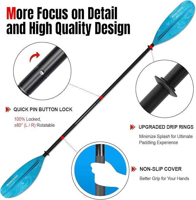 Kayak Paddle with Aluminum Shaft and Reinforced PP Blade, Floating Kayak Oar for Kayaking Canoeing and Boating, 220 cm/86 inches - 230 cm/90 inches-StrideForce Fitness