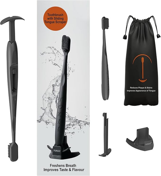 TOKII Tongue Scraper Cleaner Charcoal Bristles Toothbrush for Bad Breath with Waterproof Pouch for Travel, Hygienic Stand and Enviromentally Friendly (Black, Pack of 1)