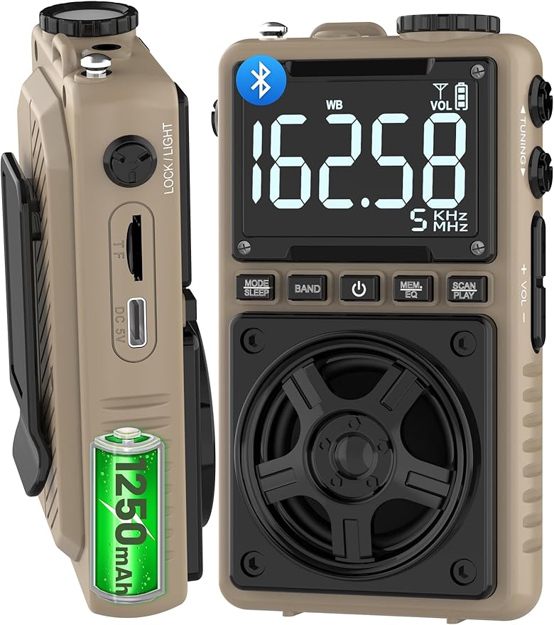 Bluetooth AM FM Shortwave Radio with NOAA Weather Alert,1250mAh Rechargeable Portable Pocket Radio with Best Reception,5W Big Speaker, Digital Tuner and Earphone,Support SD Card and USB Player（Brown）-StrideForce Fitness