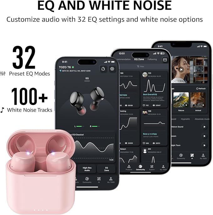 TOZO T6 Wireless Earbuds, IPX8 Waterproof Ear Buds, Stereo Bass Sound Bluetooth 5.3 Headphones in Ear, 50 Hours Playtime Earphones, Wireless Charging Case, Custom 32 EQ via APP-StrideForce Fitness