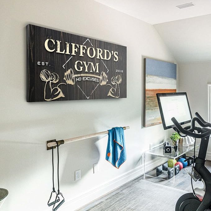 Tailored Canvases Personalized Gym Sign Wall Art Decor - Motivational Canvas for Home Gym, Workout Room, Garage, Fitness Center - Workout Inspirational Posters - Gym Name on Wooden Background, 60x30in-StrideForce Fitness