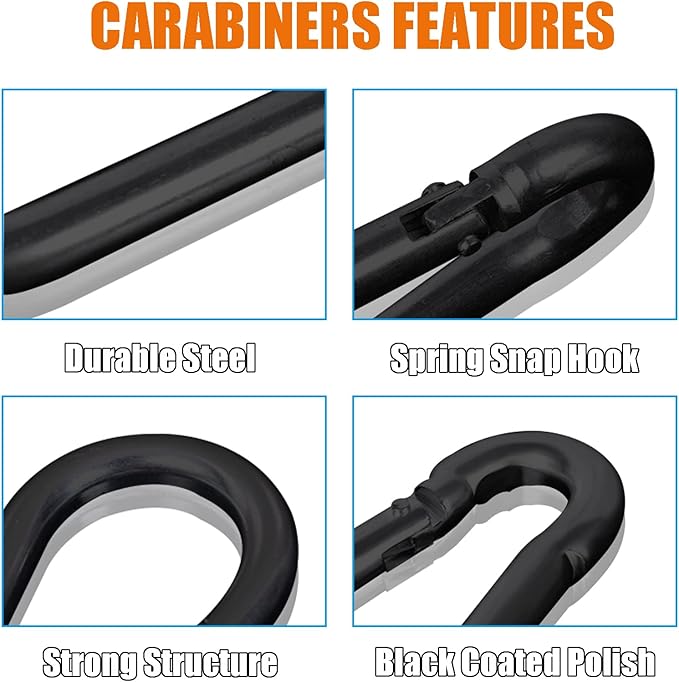 30Pack Carabiner Clips Heavy Duty, 4” Large Spring Snap Hooks Bulk, Galvanized Black 3/8” Carabiners for Camping, Solid Spring Clips for Home Gym Hanging Hammocks Swing Hiking-1100lbs Holding Capacity-StrideForce Fitness