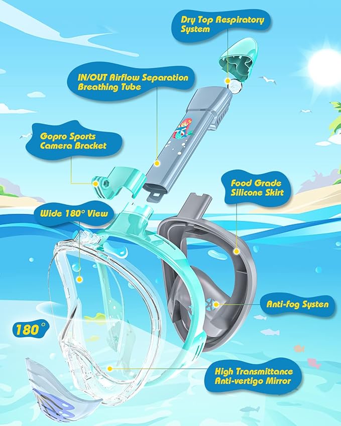 QingSong Kids Snorkel Mask Full Face, Snorkeling Set with Camera Mount, Foldable 180 Degree Panoramic View Snorkeling Gear Anti-Fog Anti-Leak-StrideForce Fitness