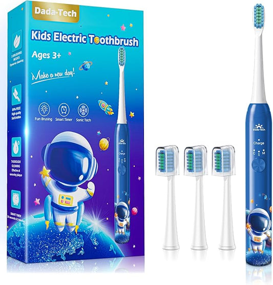 Electric Toothbrush Kids Age 3-5-7-8-12 Year Old, Childrens Electric Toothbrush Rechargeable with Timer 3 Modes 4 Vibrating Heads Habit Stickers 31000VPM Boys Electric Tooth brush (Astronaut Blue)