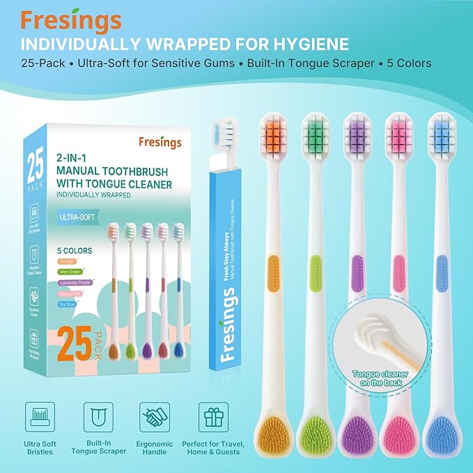 25-Pack Ultra Soft Toothbrushes for Sensitive Gums, Extra Soft Bristles, Built-in Tongue Scraper, Individually Wrapped Manual for Adults & Kids, Travel, Home, Guest, Braces, 5 Colors