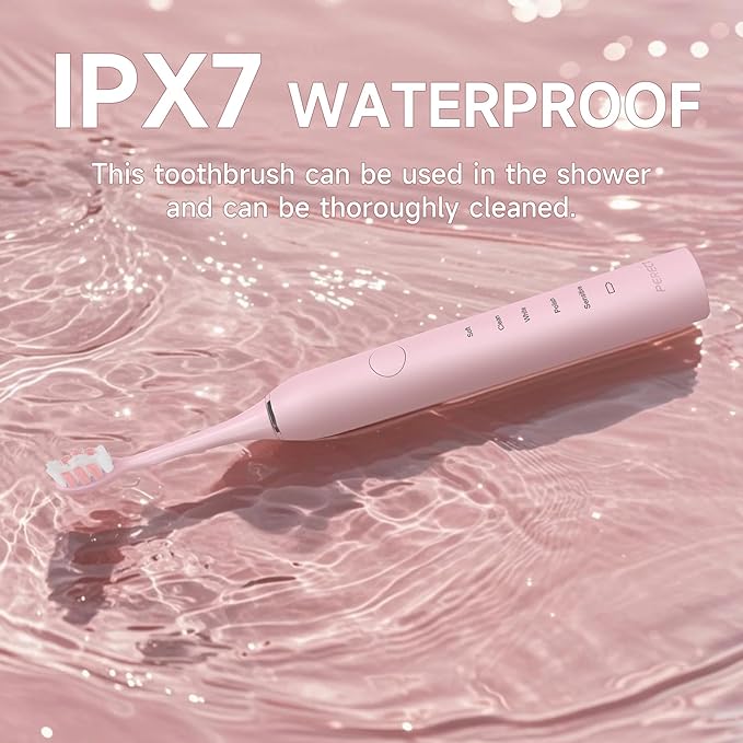 PERECT Ultrasonic Electric Toothbrush with 6 Brush Heads, 5 Modes Electric Toothbrush, Travel Rechargeable Power Toothbrush for Adults with Smart Timer &Travel Case & Soft Picks, IPX7 Waterproof, Pink