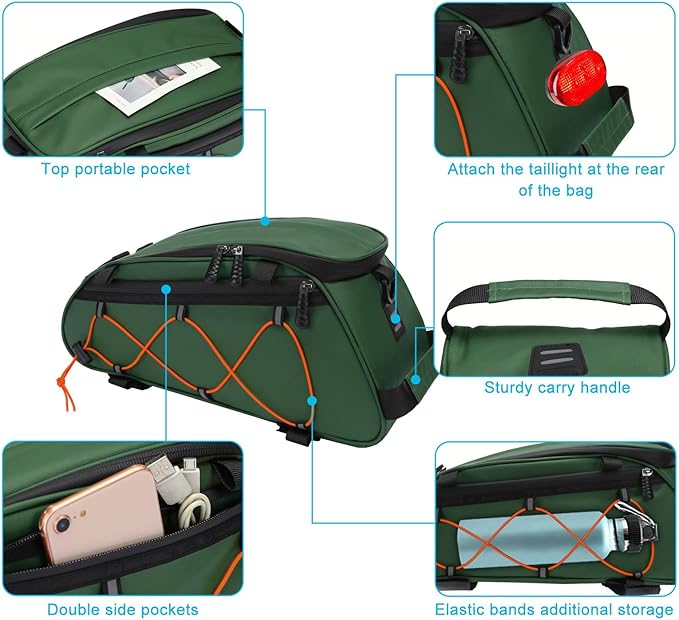 MOSISO Bike Rack Bag with 2 Removable Panniers, Waterproof Bike Trunk Cooler Storage Handbag Insulated Bicycle Rear Seat Pouch, Bicycle Storage Saddle Shoulder Bag Cycling Luggage Pouch, Peacock Green-StrideForce Fitness