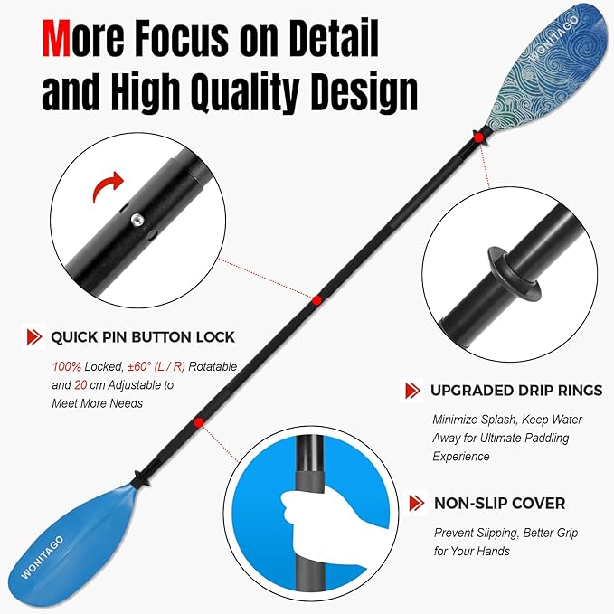 Kayak Paddles with Alloy Shaft and PP Blade, Floating Kayaking Oars, Adjustable 230-250 cm/90-98 Inches, 210-230 cm/82-90 Inches-StrideForce Fitness