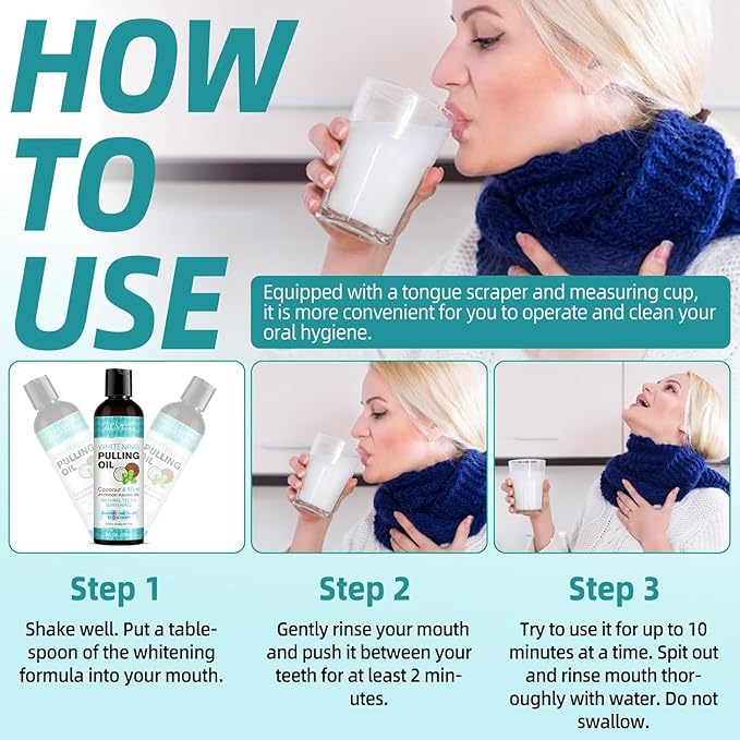 Coconut Oil Pulling for Fresh Breath and Oral Hygiene - Ayurvedic Expert Formulated | Supports Healthy Gums | Natural - Includes Tongue Scraper and Measuring Cup - 8 oz - 2 Packs