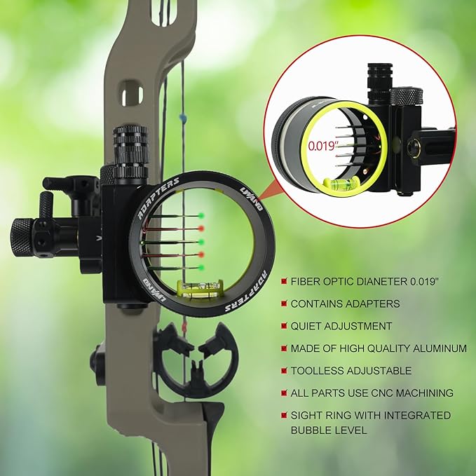 Archery 5-Pin Bow Sight - 0.019" Fiber, Brass Pin, Aluminum Machined - Right and Left Handed, with Hi-Vis Level for Archery, Hunting, Shooting-StrideForce Fitness