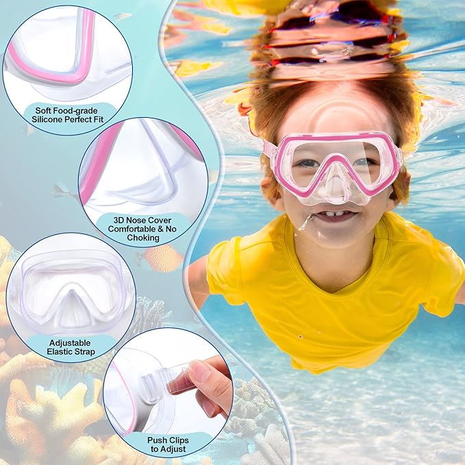 Hoolerry 4 Pcs Kids Nose Goggles Swim Goggles with Nose Cover for 3-8 Tempered Glass Snorkel Dive Mask Anti Fog with Elastic Strap No Leak Swimming Mask for Summer Diving Snorkeling-StrideForce Fitness