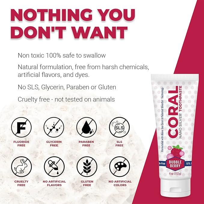 Coral White Kids Toothpaste - Bubble Berry Fluoride Free with Nano Silver & Coral Calcium | 4oz