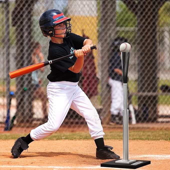 Batting Tee for Baseball/Softball, Premium Hitting Tee with Handrolled Rubber Top,Aluminum Stem,Metal Base,Easy Setup Baseball Tee Height Adjustable 24-46 inch for Kids and Adults-StrideForce Fitness