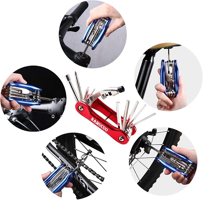 YBEKI Bike Tyre Repair Tool Kit - Bicycle Tool kit with 210 Psi Mini Pump 10-in-1 Multi-Tool with Chain Breaker, Tyre Levers &Tire Patch, Bone Wrench, 1 Portable Bag-StrideForce Fitness