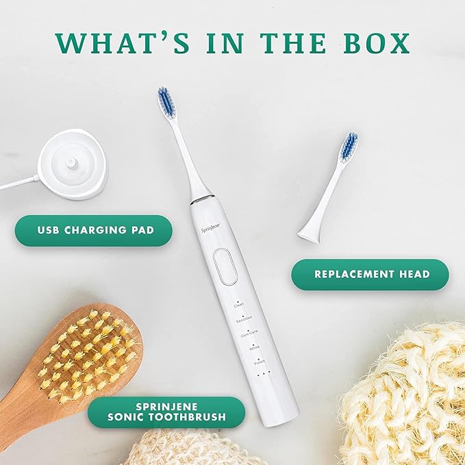 SprinJene Natural Toothpaste + Sonic Toothbrush - Cavity Protection for Sensitivity Relief of Teeth and Gums with Fluoride, Fresh Breath, Helps Dry Mouth - Vegan, Dye-Free, and SLS Free Toothpaste