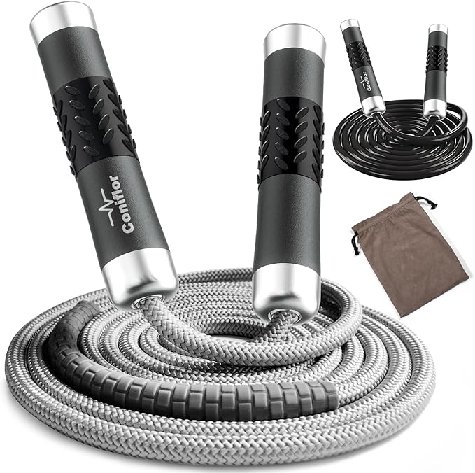 Weighted Jump Rope, 1LB Tangle-Free Ball Bearing Rapid Speed Skipping Rope for Men Women, Adjustable 9mm Cotton & PVC Rope with Alum Handle for Boxing MMA Weight-Loss Athletic Workout Fitness-StrideForce Fitness