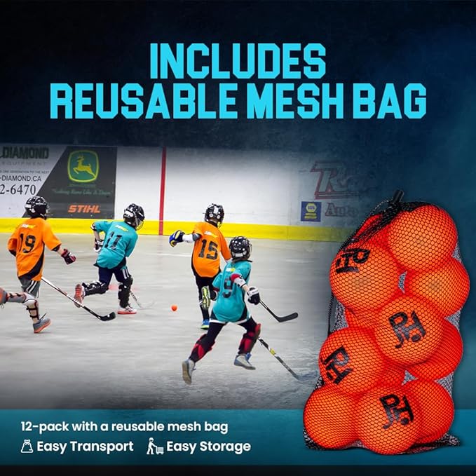 Premier Sports - 12-Pack All-Weather Street Hockey Balls – Durable, Low-Bounce, High-Visibility Balls with Reusable Storage Bag – Premier Regulation Size-StrideForce Fitness