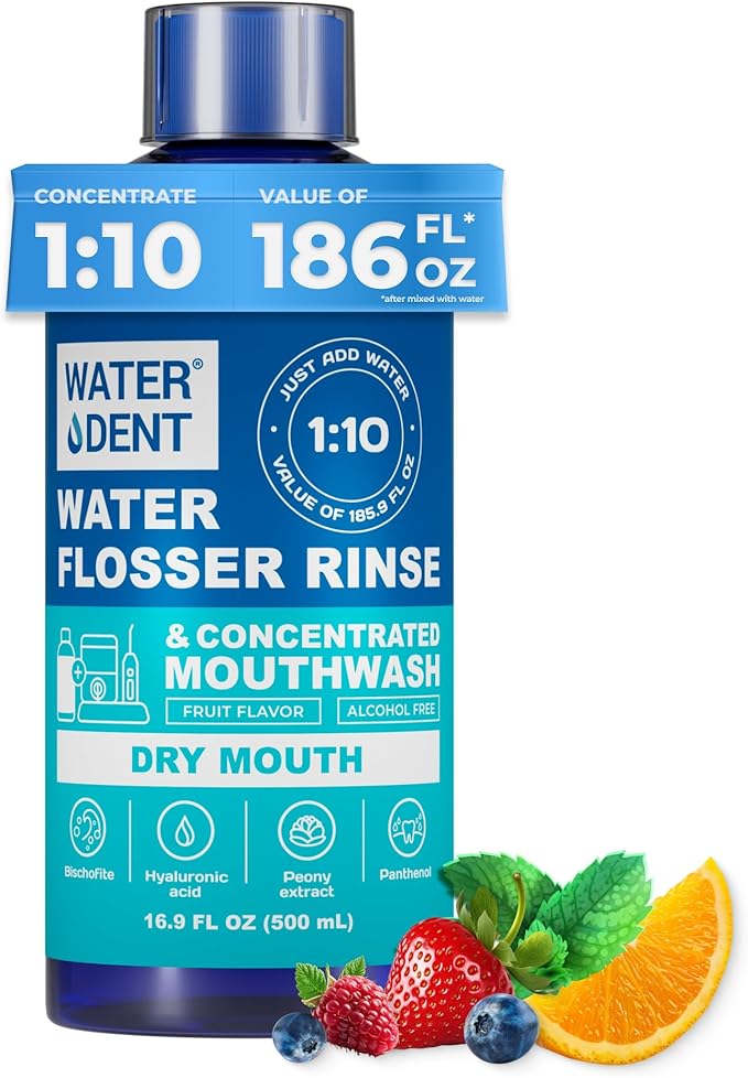 Concentrated Irrigant and mouthwash Dry Mouth | Add to Water Flossers | Fruit Flavor | When dilluted 16.9 fl.oz = 186 fl.oz | Alcohol Free, Fluoride Free. Made in USA (Non-Medical) WATER DENT