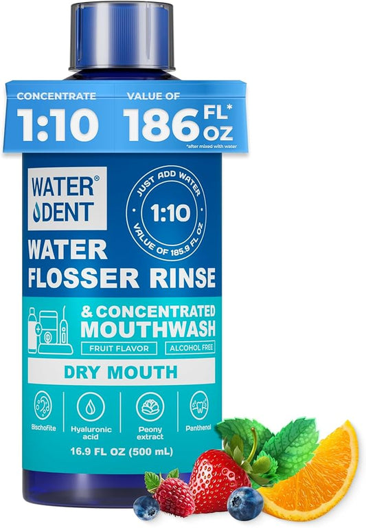Concentrated Irrigant and mouthwash Dry Mouth | Add to Water Flossers | Fruit Flavor | When dilluted 16.9 fl.oz = 186 fl.oz | Alcohol Free, Fluoride Free. Made in USA (Non-Medical) WATER DENT