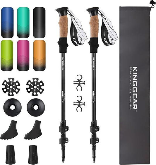 KINGGEAR Nordic Walking Stick, TP1 Hiking Poles Retractable Lightweight 7075 Aluminum, Trekking Poles with Flip Lock, Natural Cork and EVA Grip, 2pc Hiking Gear-StrideForce Fitness