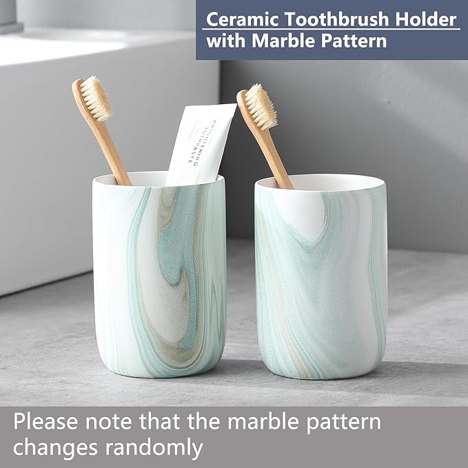 Green Marble Toothbrush Holders - Ceramic Toothbrush Holders for Bathrooms, Toothbrush Toothpaste Holders, Marble Bathroom Tumbler Cups Reusable Toothbrush Mouthwash Cup, Bathroom Counter Organizer