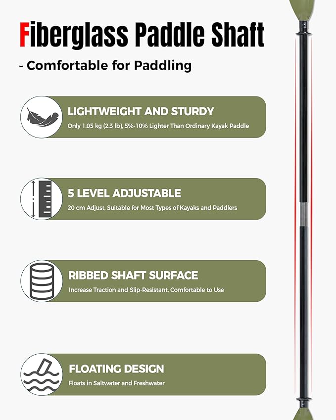 Angler Kayak Paddle with Fiberglass Shaft and Plastic Blade, Floating Adjustable Fihsing Kayak Oar, 220-240 cm/86-94", 240-260 cm/94-102", 260-280 cm/102-110"-StrideForce Fitness