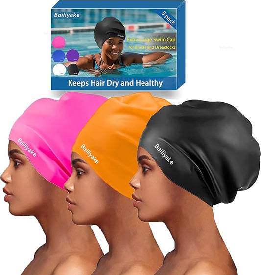 3 Pack Extra Large Swim Cap for Braids & Dreadlocks - Waterproof Silicone Swim Hat for Women with Long Thick Hair, Protective Swim Cap Cover Ears for Swimming, Shower, Bathing-StrideForce Fitness