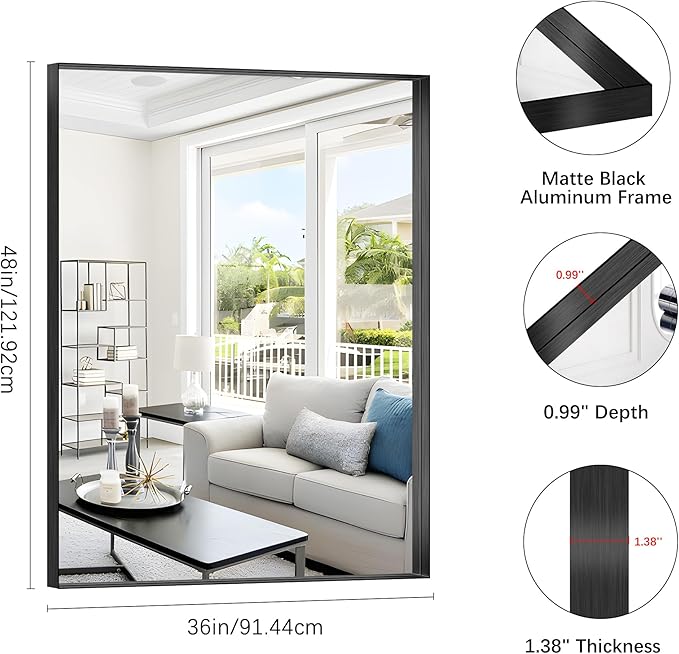 Black Bathroom Mirror, 36x48 Inch Rectangular Deep Frame Mirror, Large Wall Mounted Bathroom Vanity Mirror Over Sink for Bedroom,Restroom, Living Room, Hangs Vertically or Horizontally-StrideForce Fitness