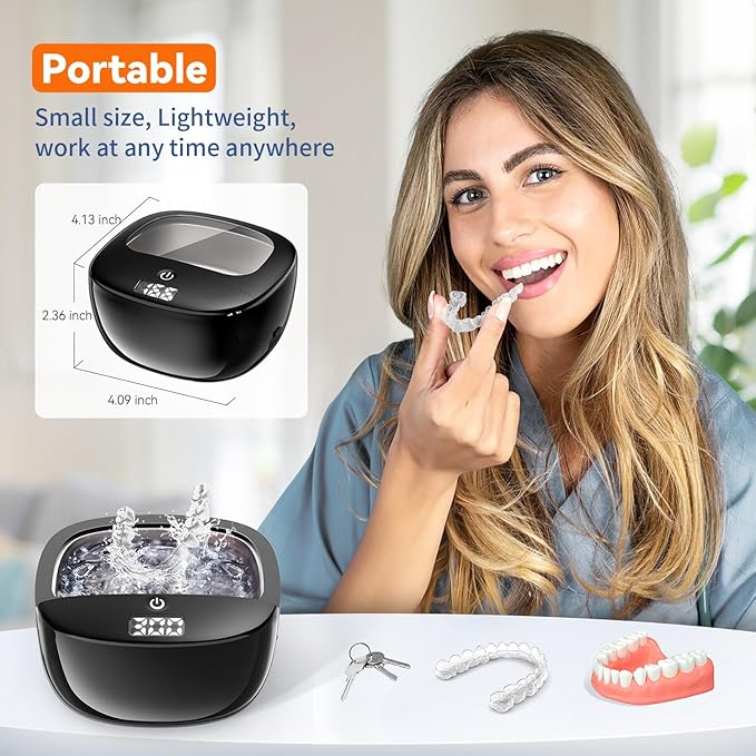 Ultrasonic Retainer Cleaner, 45kHz Dental Cleaning Pod for Dentures, Aligners, Night Guards & Jewelry, 150ML Denture Cleaner 2 Timed Modes & Travel Design (Black, 130ML Ultrasonic Machine)