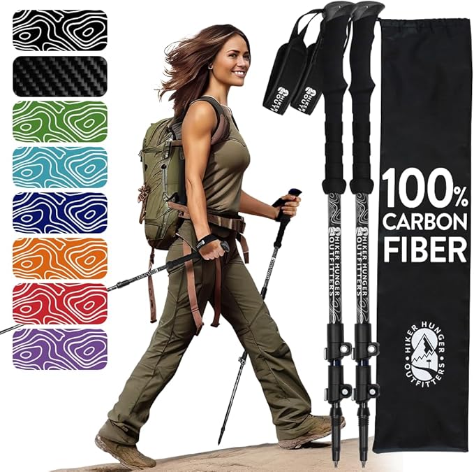 100% Carbon Fiber Trekking Poles by USA Brand - Ultra Strong Lightweight Collapsible Hiking Poles with Cork and EVA Foam Grips & Quick Adjustable Flip Locks-StrideForce Fitness