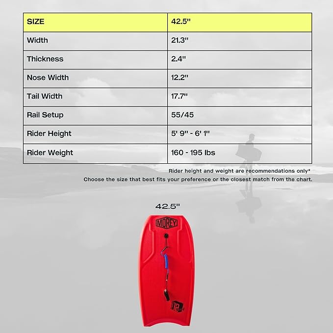 MOREY® Mach 12 MDS, 42.5" Bodyboard. Dynamic Speed Body Boards for Beach, for All Skill Levels, Embedded Fiberglass Stringer, with Coil Leash. Re-Engineered 2025 Model-StrideForce Fitness