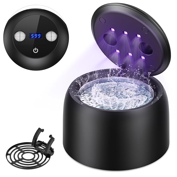 Ultrasonic Retainer Cleaner - 45±3kHz, 3 Modes with Digital Timer, UVC+UVA Lamp,Denture Cleaner Machine, Mouth Guard, IPX6,200ML SUS304 Tank for Aligner, Night Guard Toothbrush (Black)
