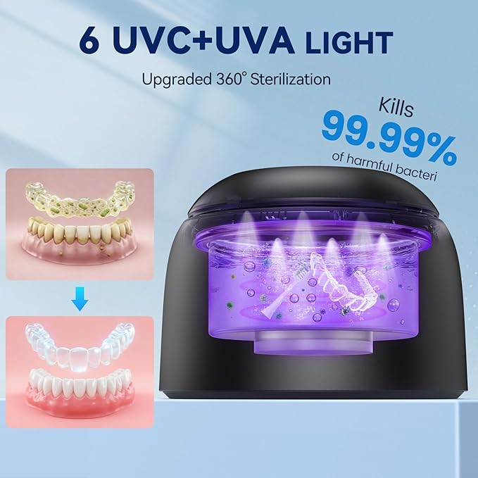 Ultrasonic Retainer Cleaner - 45±3kHz, 3 Modes with Digital Timer, UVC+UVA Lamp,Denture Cleaner Machine, Mouth Guard, IPX6,200ML SUS304 Tank for Aligner, Night Guard Toothbrush (Black)