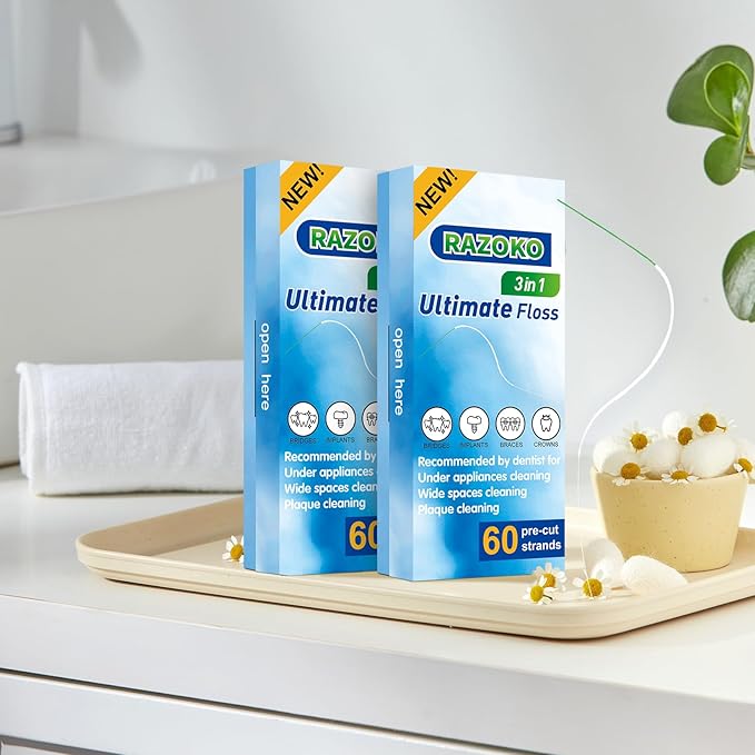 RAZOKO 3-in-1 Floss for Braces, 120 Pre-Cut Strands | Floss Threaders, Spongy & Regular Floss for Bridges & Wide Gaps