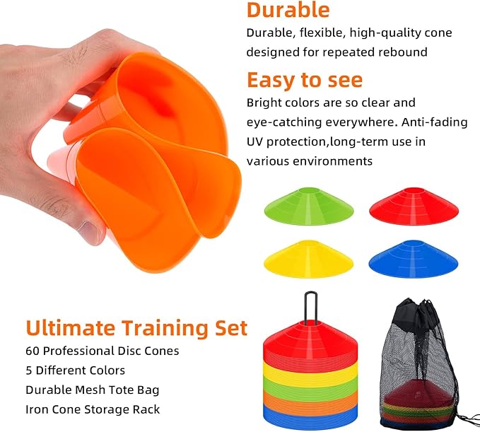 60/120 Pack Agile Soccer Cones with Portable Bags & Brackets,Sports Cones,Cone Sport,Agile Soccer Cones Used for Football Training…-StrideForce Fitness
