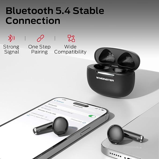 Monster N-Lite 208 Wireless Earbuds, Bluetooth Earbuds Touch Control, Bluetooth Headphones with 30H Playtime, Wireless Headphones Type-C Fast Charging, Clear Call, Comfortable Fit for Running-StrideForce Fitness