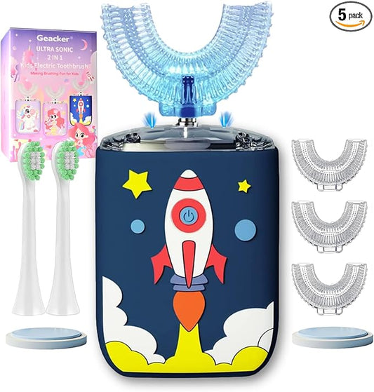 Kids U Shaped Electric Toothbrush Ultrasonic Automatic Brush with 5 Brush Head 6 Clean Modes IPX7 Waterproof Whole Mouth Rechargeable Smart Timer Toothbrushes for Children Age 2-7 (Blue)