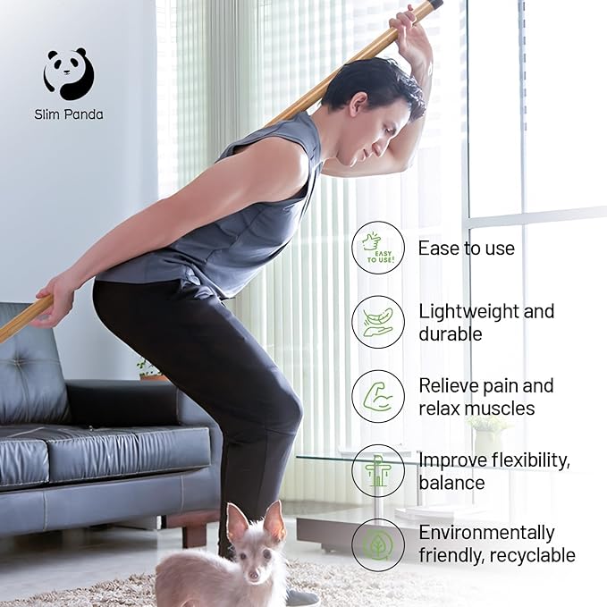 Slim Panda Yoga Stick, 5ft Natural Bamboo Stick with Rubber Ends, Exercise Stretching Stick for Yoga, Stretching, Balance and Correcting Posture, Rehabilitation Physical Therapy Aids-StrideForce Fitness