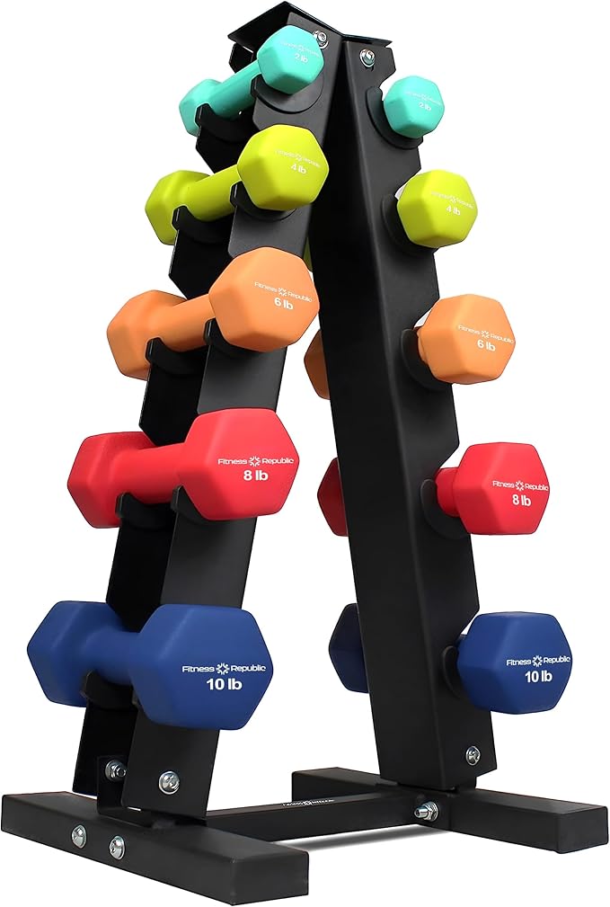 Neoprene Workout Dumbbell set with Rack 2.00MM - Non Slip, Anti Roll & Hex Shape - Fitness Dumbbells Combo, Space Saving Ideal for Home and Gym training-StrideForce Fitness