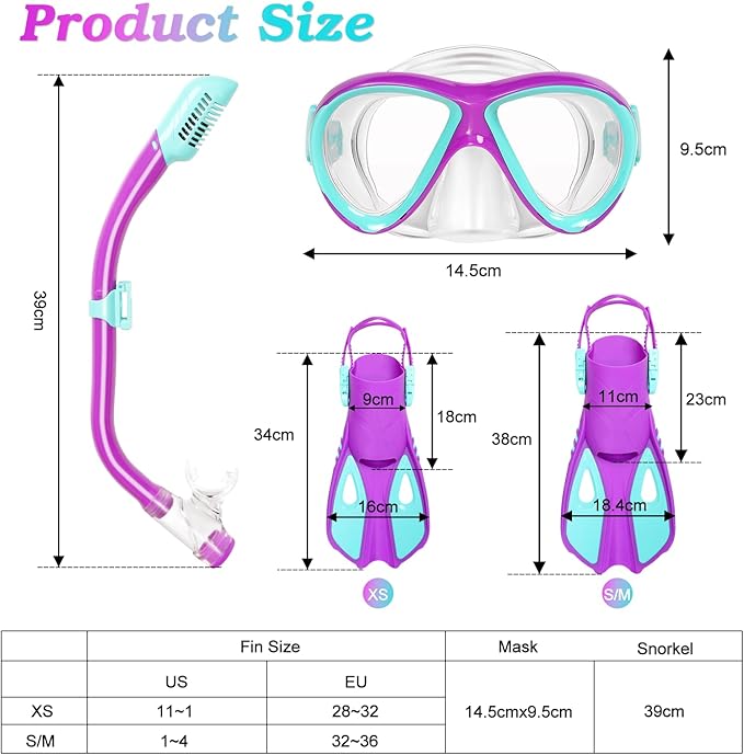 Kids Mask Fins Snorkel Set, Dry Top Snorkeling Gear for Kids Youth Boys Girls Junior Age 5-15 Tempered Glass Snorkel Mask Set Panoramic View Snorkeling Packages-StrideForce Fitness