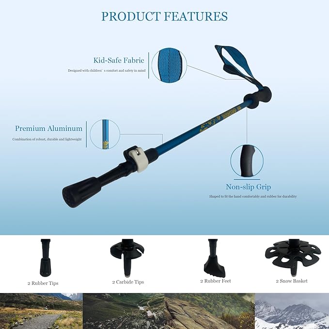 Kids Hiking Poles, 2PCS Todder Collapsible Trekking Poles for Hiking, Ski, Outdoor Activities, Todder Hiking Essentials for Boys and Girls, Blue, Pink Available-StrideForce Fitness