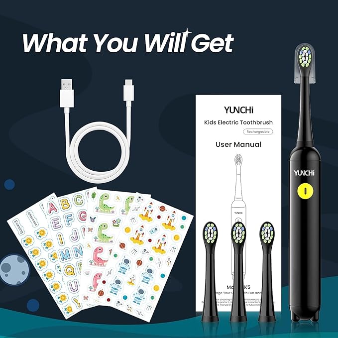 YUNCHI K5 Kids Rechargeable Electric Toothbrush with Waterproof Stickers, 3 Modes with 2 Minutes Timer, for Boys Age 4-6-8-12, Toddler Children Sonic Toothbrush with 4 Replacement Heads Soft, Black