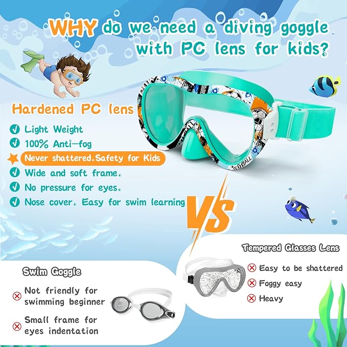Kids Swim Goggles with Nose Cover, 180° Panoramic Snorkel Mask with Anti-Fog & Anti-Leak Design, Comfort Fabric Strap UV Protection Lens for Boys Girls Ages 3-15-StrideForce Fitness