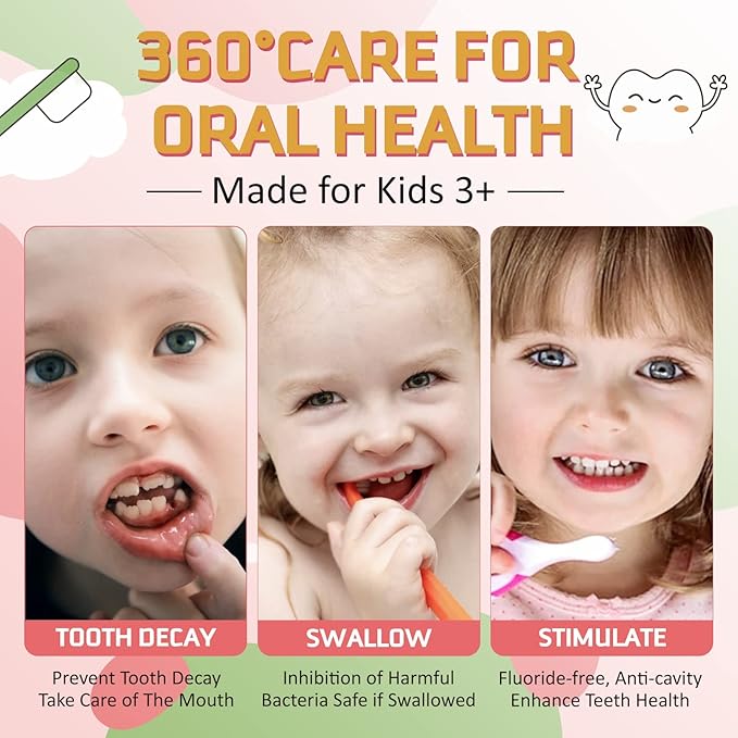 Foam Toothpaste Kids 2PCS, Toddler Toothpaste Cavity Protection with Gentle Formula 360º Care Natural, Teeth Whitening Toothpaste Fluoride Free for Electric & U-Shape Toothbrushes(Strawberry &Orange)
