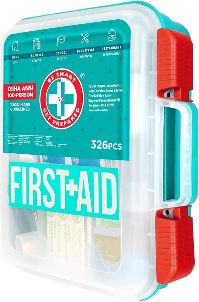 Be Smart Get Prepared First Aid Kit, Teal, 326 Piece, Exceeds OSHA and ANSI Guidelines 100 People - Office, Home, Car, School, Emergency, Survival, Camping, Hunting and Sports-StrideForce Fitness