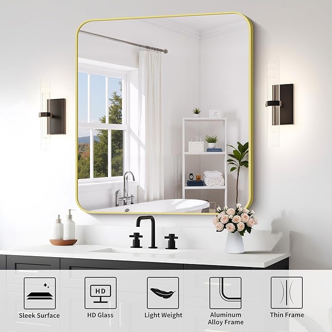 FORBATH 40x36 Inch Gold Bathroom Mirror for Over Sink, Large Rectanglar Wall Mirror with Metal Frame, Rounded Corners for Bathroom, Bedroom, Entryway Decor (Horizontal or Vertical)-StrideForce Fitness