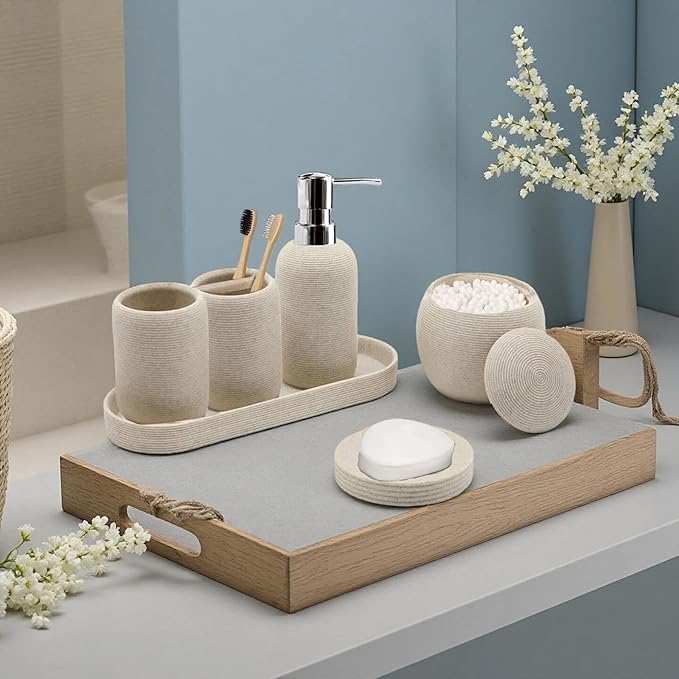 Bathroom Accessory Set, 6PCS Beige Bathroom Accessories - Soap Dish, Lotion Dispenser, Toothbrush Holder, Mouthwash Cup, Tray, Cotton Ball Jar, Aesthetic Decor Bathroom Sets